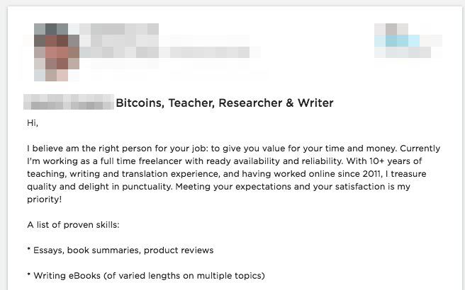 Upwork writer's profile